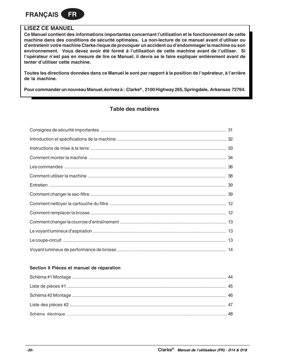 Fr français | Clarke D18 User Manual | Page 30 / 50