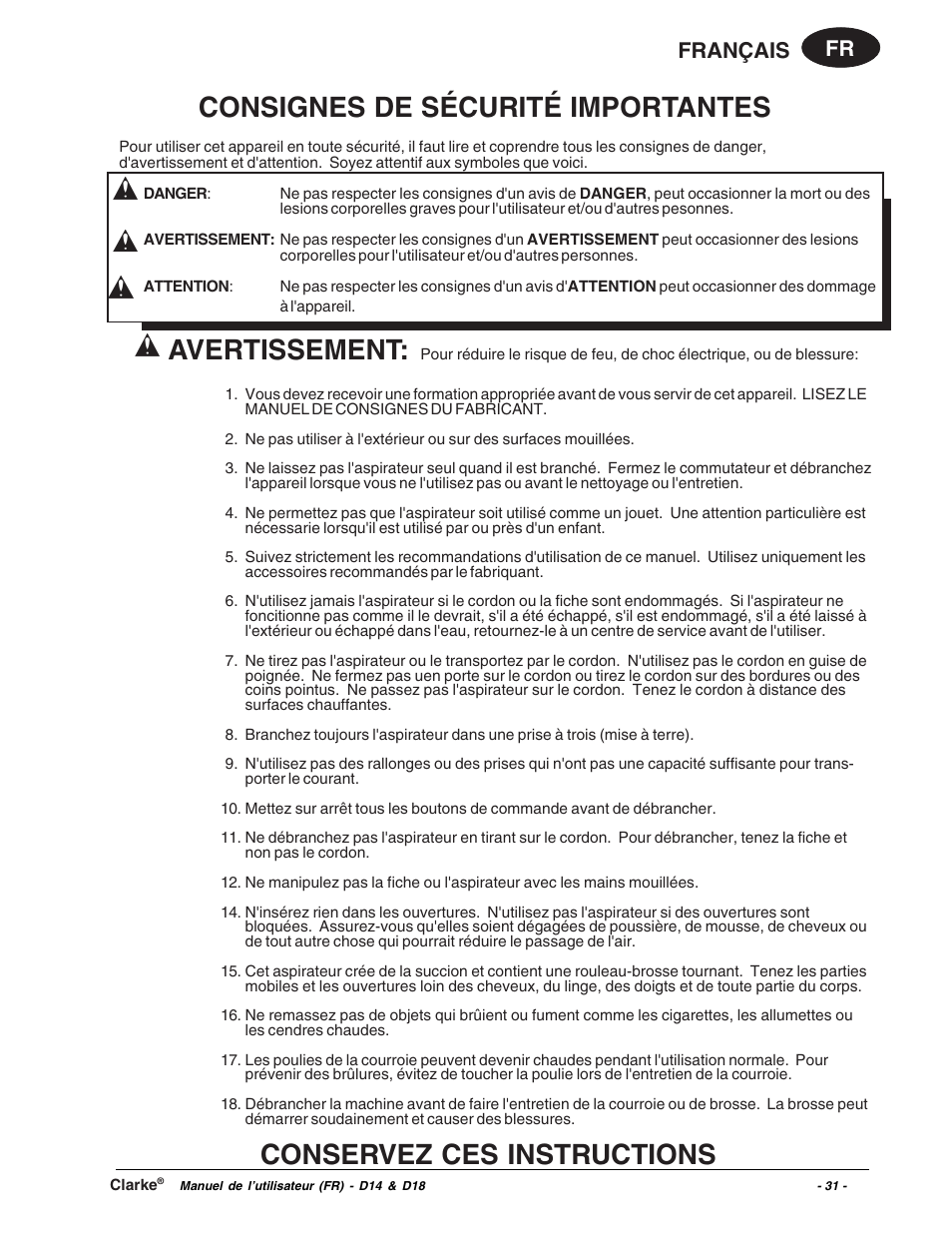 Avertissement, Fr français | Clarke D18 User Manual | Page 31 / 50