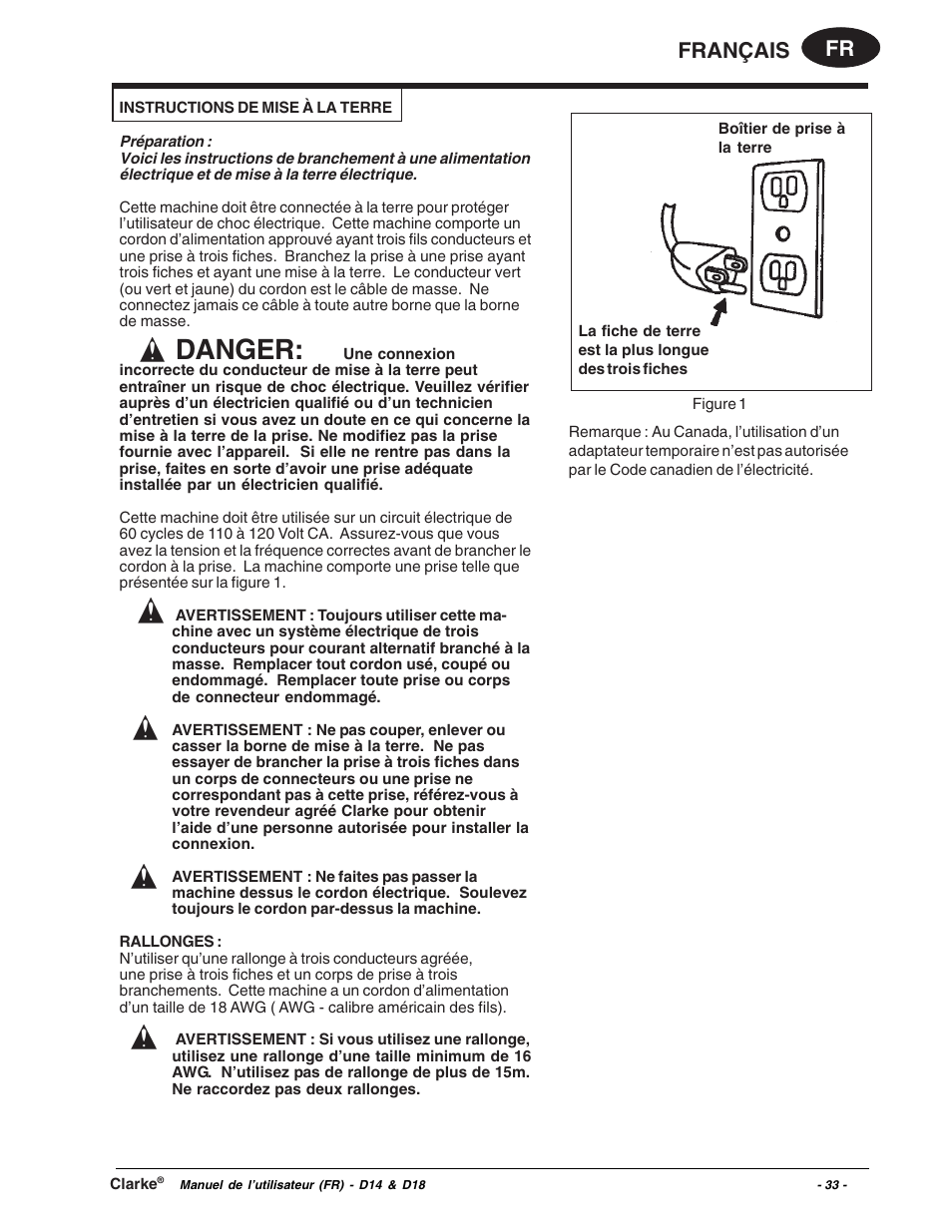 Danger, Fr français | Clarke D18 User Manual | Page 33 / 50