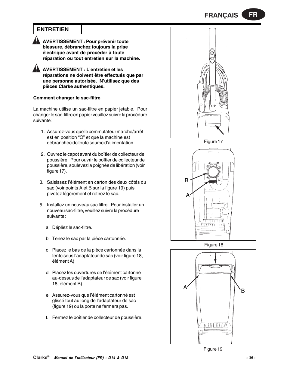 Fr français | Clarke D18 User Manual | Page 39 / 50