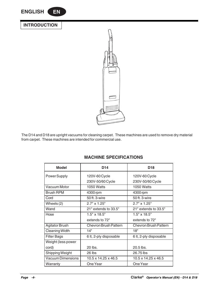 En english | Clarke D18 User Manual | Page 4 / 50