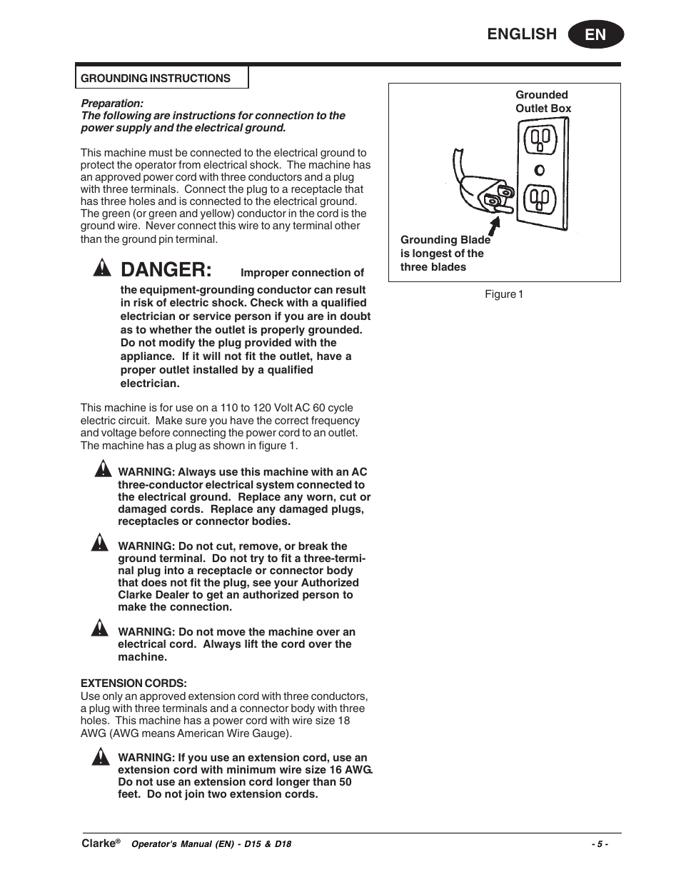 Danger, En english | Clarke D18 User Manual | Page 5 / 50