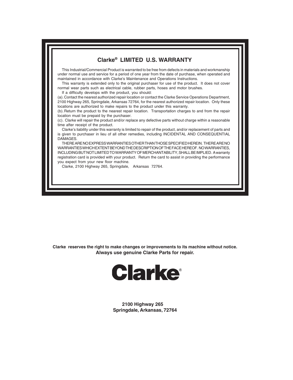 Clarke, Limited u.s. warranty | Clarke D18 User Manual | Page 50 / 50