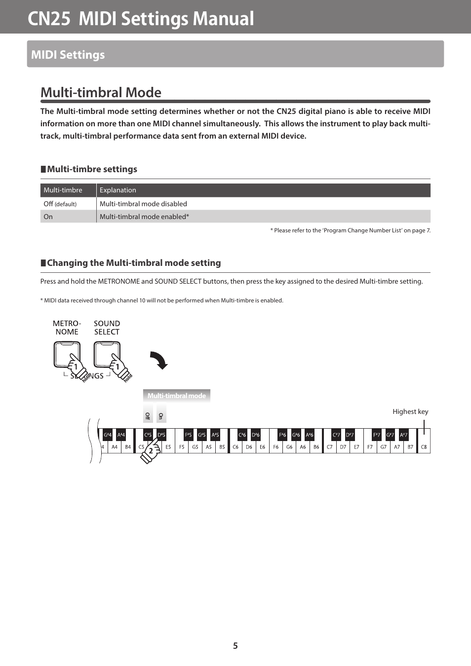 Cn25 midi settings manual, Multi-timbral mode, Midi settings | Multi-timbre settings, Changing the multi-timbral mode setting | Kawai CN25 MIDI Manual User Manual | Page 5 / 8