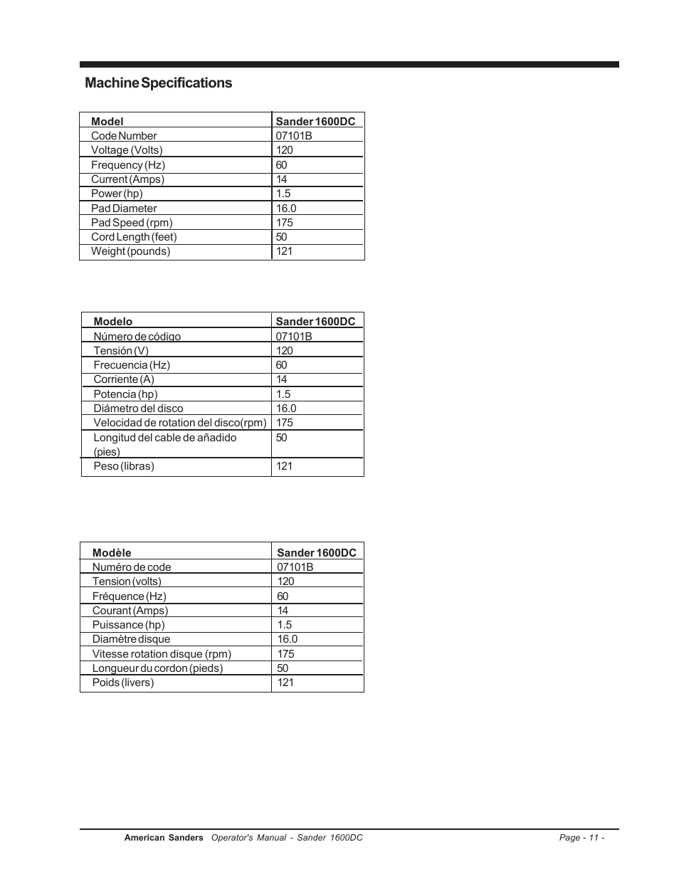 Machine specifications | Clarke l 1600DC User Manual | Page 11 / 36
