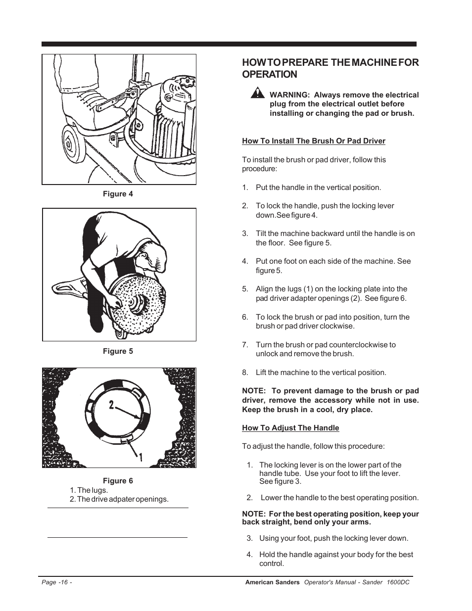 How to adjust the handle, How to prepare the machine for operation | Clarke l 1600DC User Manual | Page 16 / 36