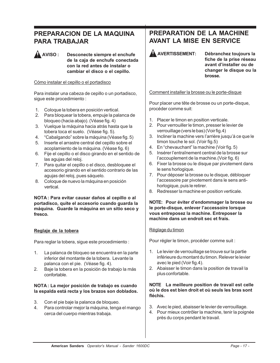 Preparacion de la maquina para trabajar, Preparation de la machine avant la mise en service | Clarke l 1600DC User Manual | Page 17 / 36