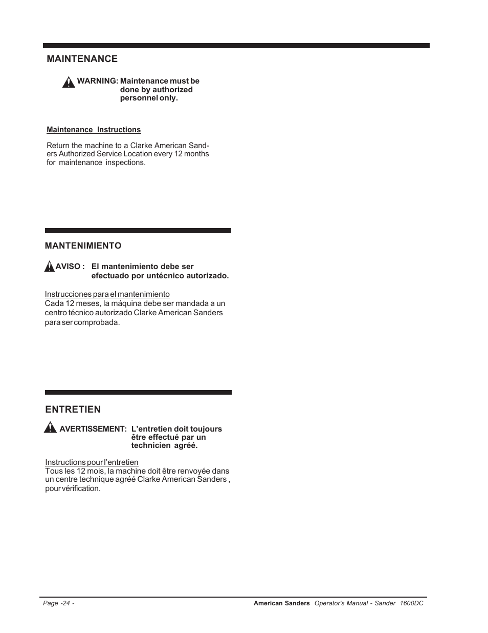 Maintenance, Entretien | Clarke l 1600DC User Manual | Page 24 / 36