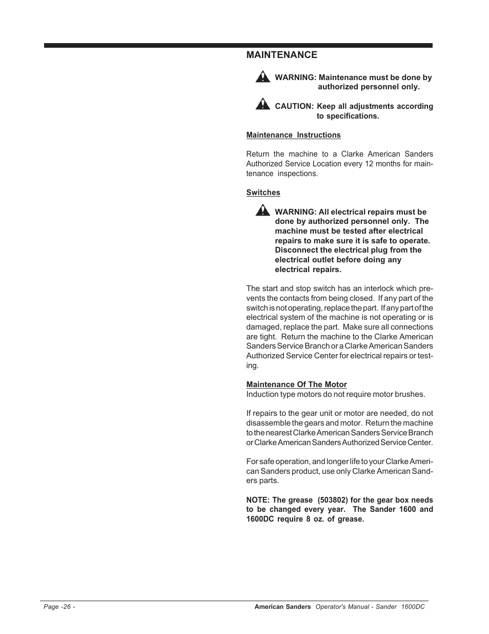 Maintenance | Clarke l 1600DC User Manual | Page 26 / 36