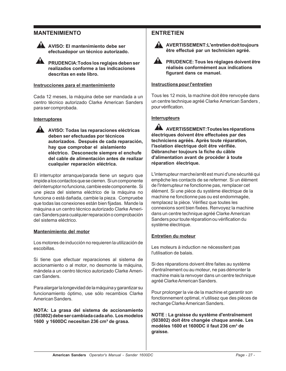 Mantenimiento, Entretien | Clarke l 1600DC User Manual | Page 27 / 36