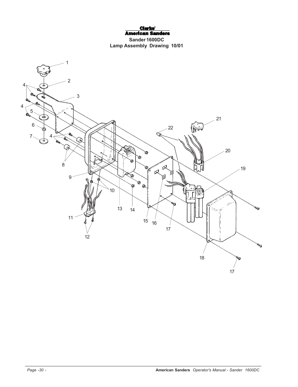 Lamp assembly drawing | Clarke l 1600DC User Manual | Page 30 / 36
