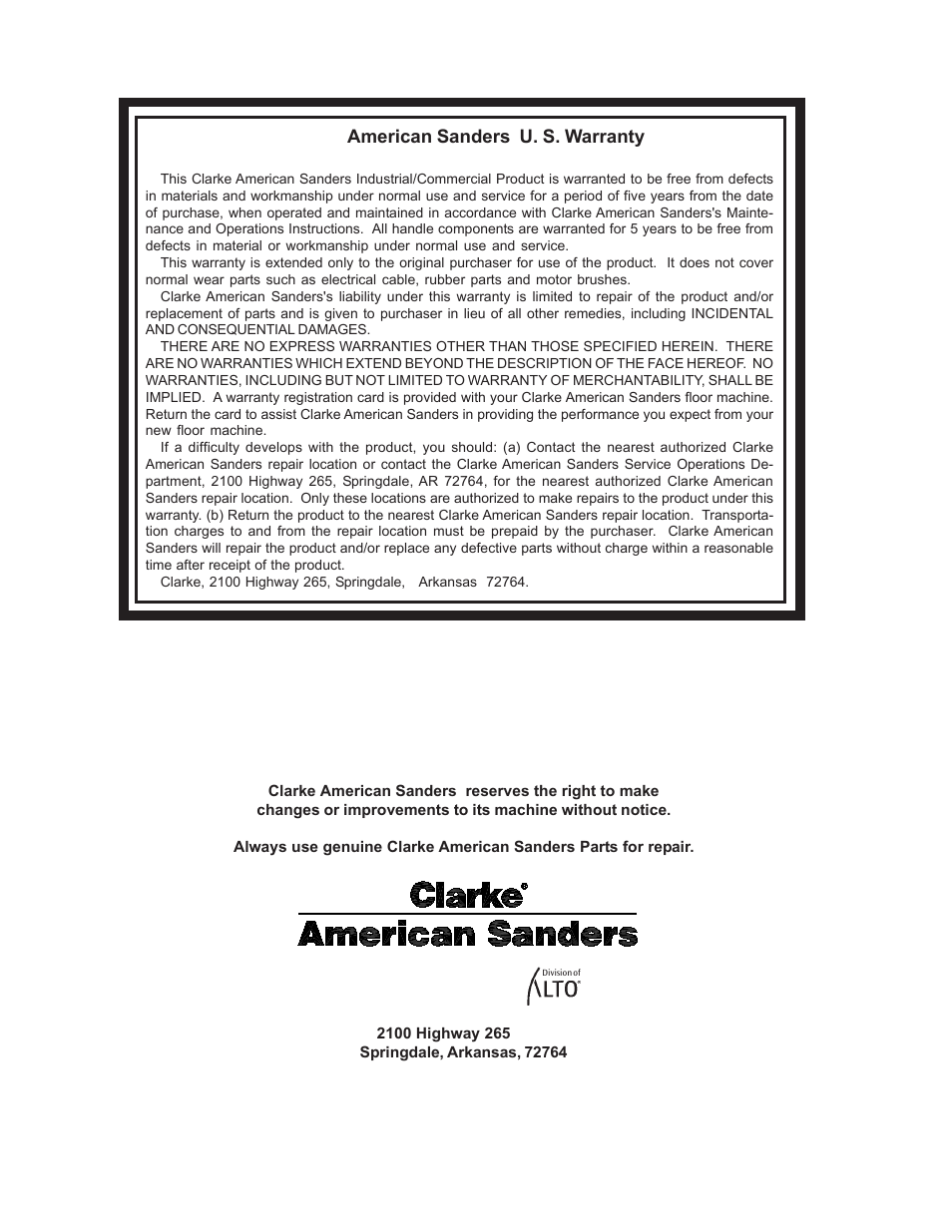 Clarke® american sanders u. s. warranty, Clarke, American sanders u. s. warranty | Clarke l 1600DC User Manual | Page 36 / 36