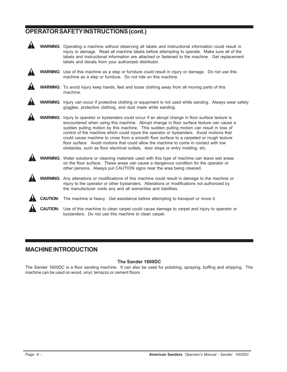 Machine introduction, Operator safety instructions (cont.) | Clarke l 1600DC User Manual | Page 6 / 36
