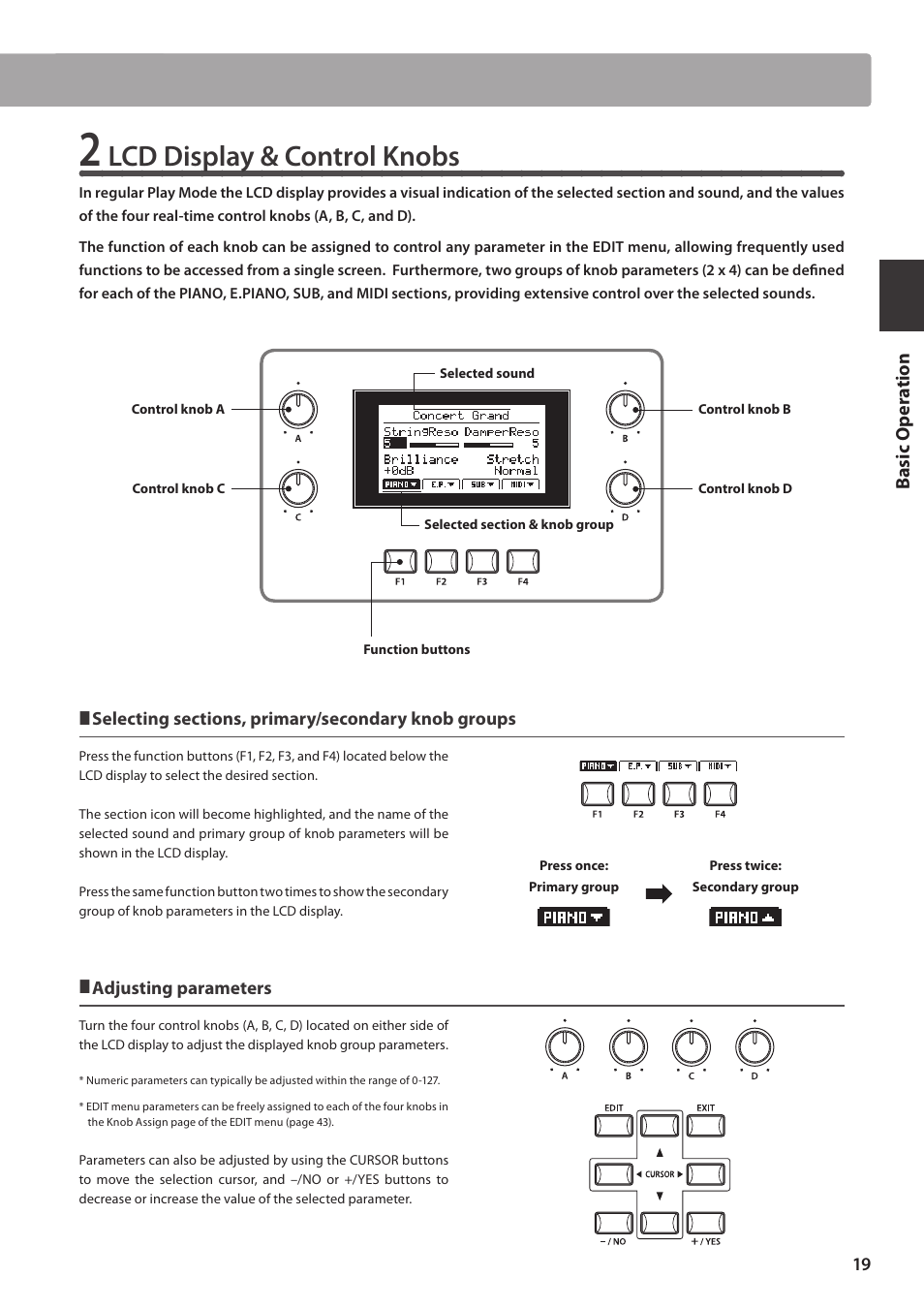 Lcd display & control knobs | Kawai MP10 User Manual | Page 19 / 92