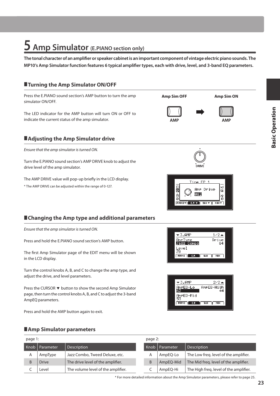 Amp simulator, Basic o per a tion | Kawai MP10 User Manual | Page 23 / 92