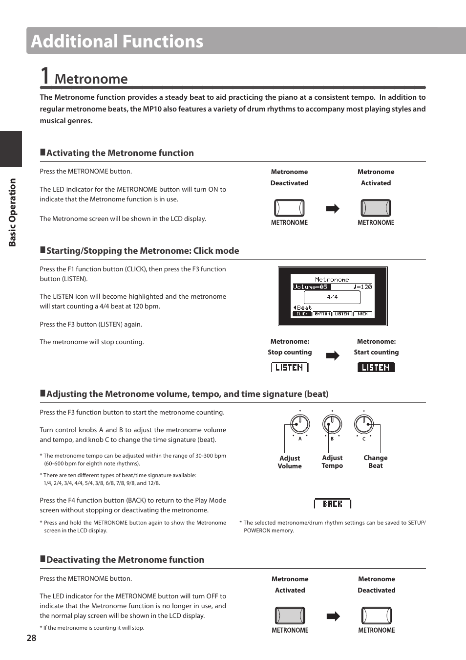 Additional functions, Metronome, Basic o per a tion | Kawai MP10 User Manual | Page 28 / 92