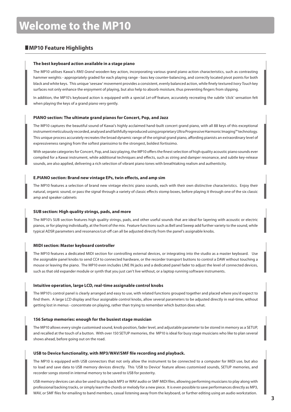 Welcome to the mp10, 3 mp10 feature highlights | Kawai MP10 User Manual | Page 3 / 92