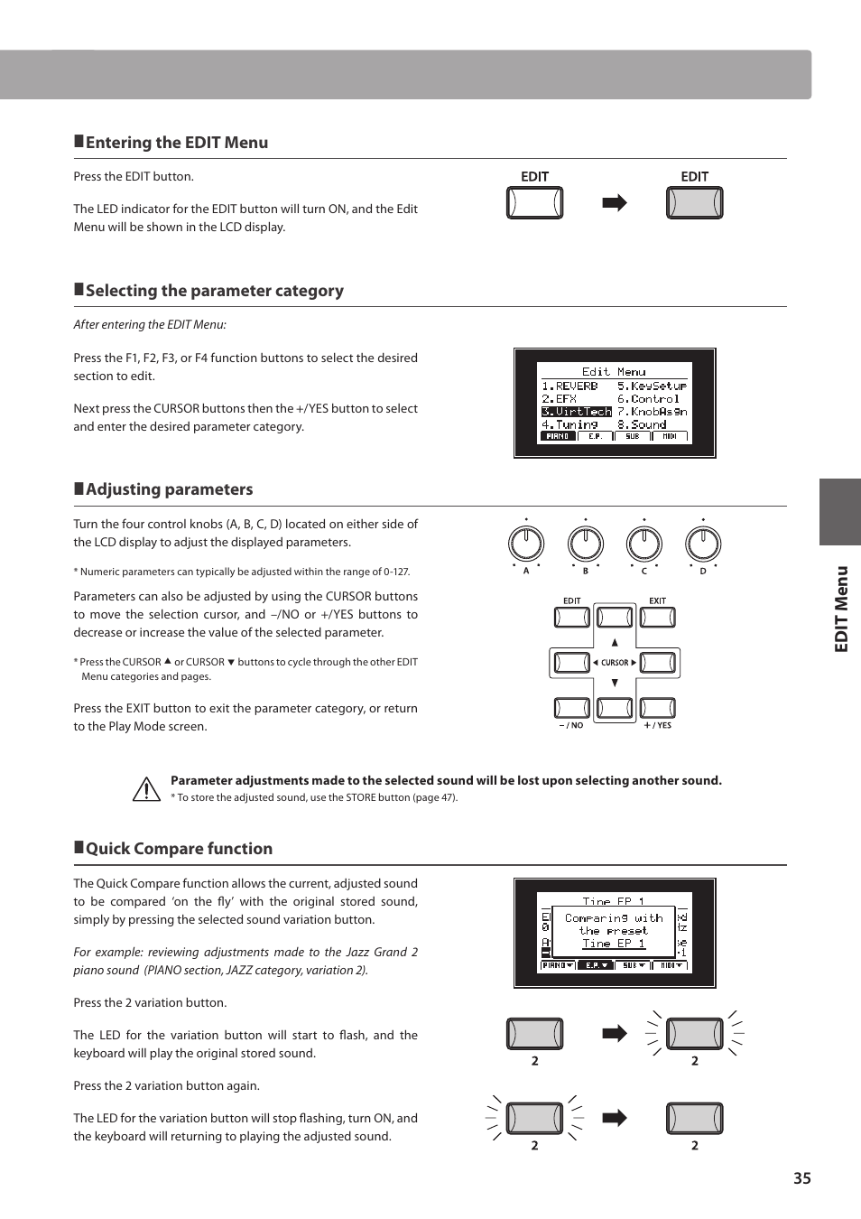 Ed it m e nu, Entering the edit menu, Selecting the parameter category | Adjusting parameters, Quick compare function | Kawai MP10 User Manual | Page 35 / 92