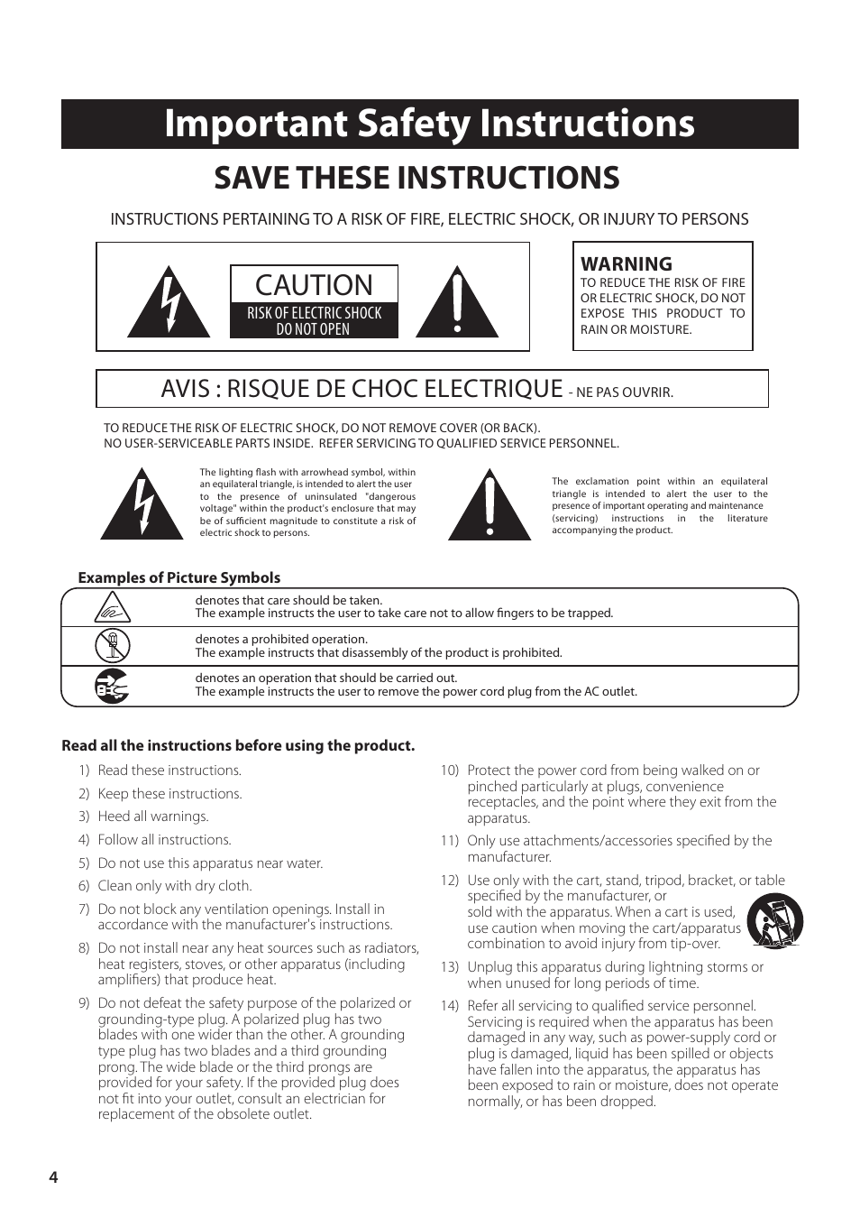 Important safety instructions, Save these instructions, Caution | Avis : risque de choc electrique, Warning | Kawai MP10 User Manual | Page 4 / 92