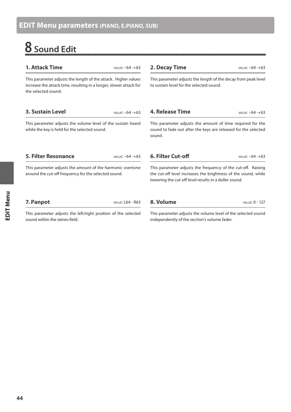 Sound edit, Edit menu parameters, Ed it m e nu | Kawai MP10 User Manual | Page 44 / 92