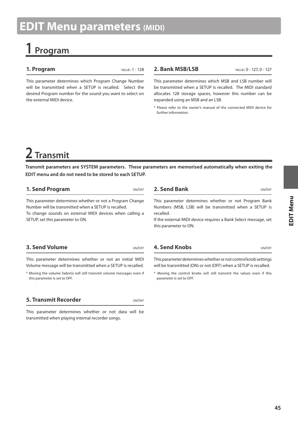 Edit menu parameters, Program, Transmit | Midi), Ed it m e nu | Kawai MP10 User Manual | Page 45 / 92