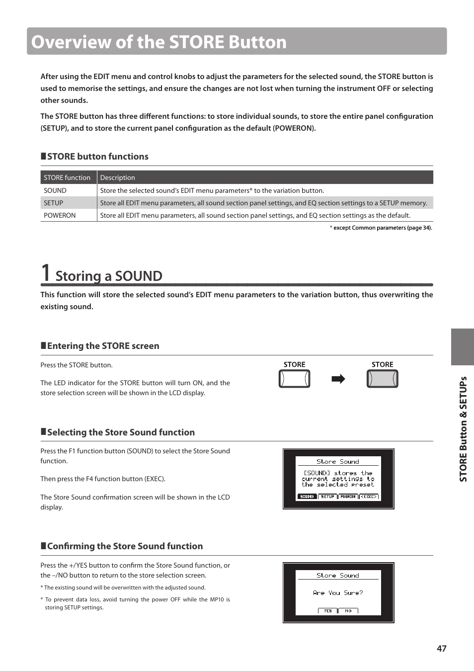 Overview of the store button, Storing a sound | Kawai MP10 User Manual | Page 47 / 92