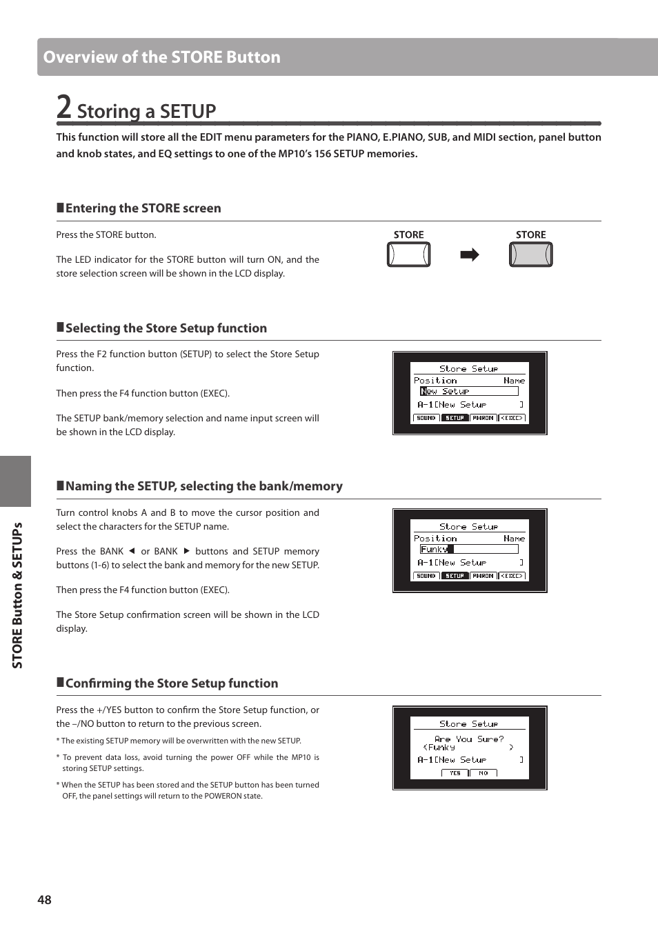 Storing a setup, Overview of the store button | Kawai MP10 User Manual | Page 48 / 92