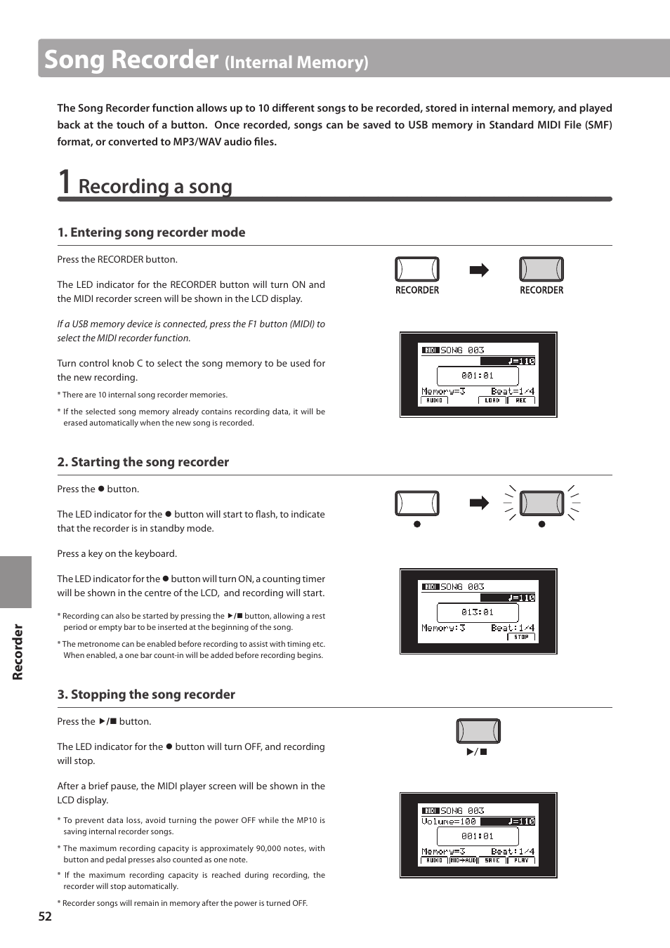 Song recorder, Recording a song, Re corde r | Kawai MP10 User Manual | Page 52 / 92