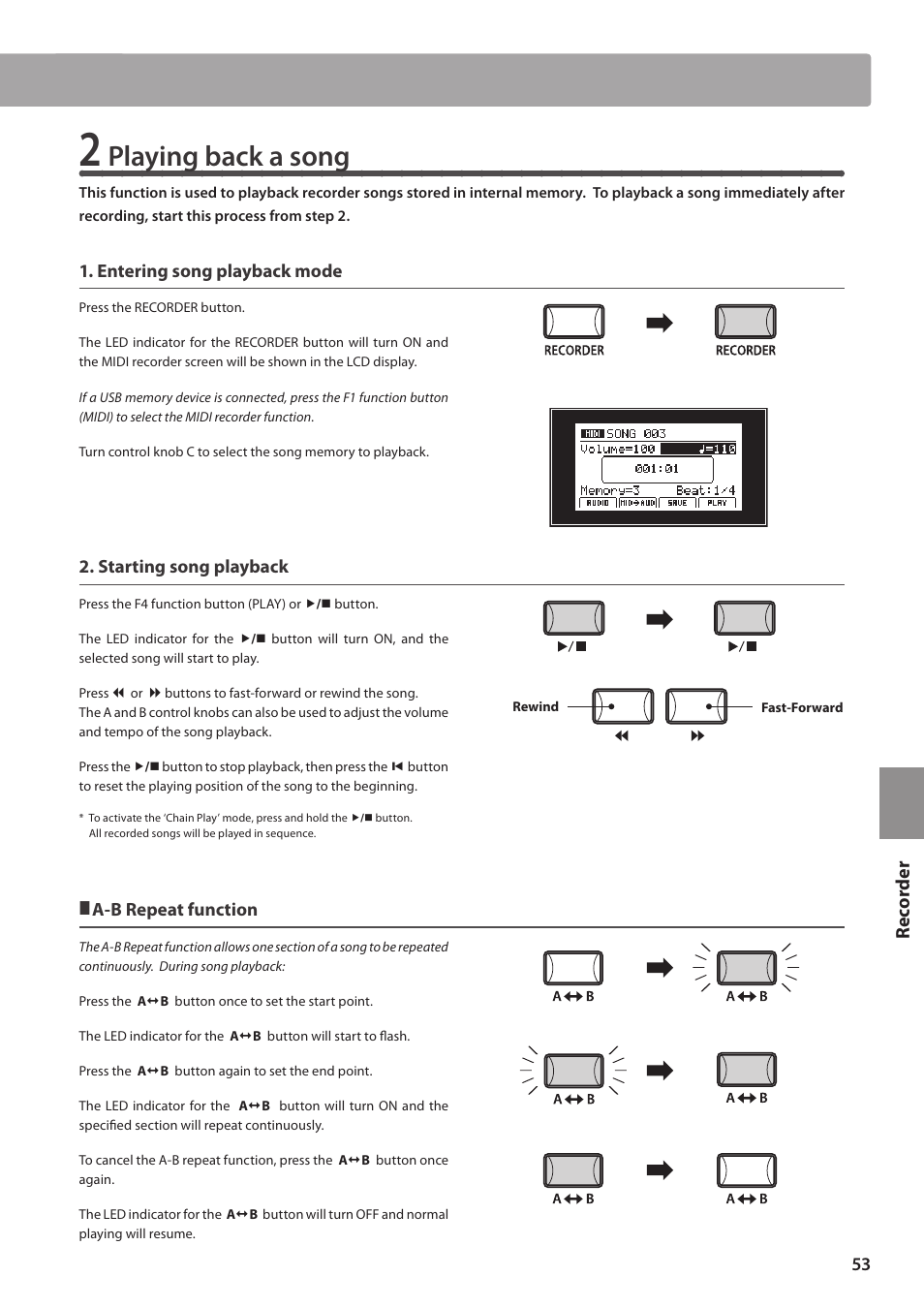 Playing back a song, Re corde r, Entering song playback mode | Starting song playback, A-b repeat function | Kawai MP10 User Manual | Page 53 / 92