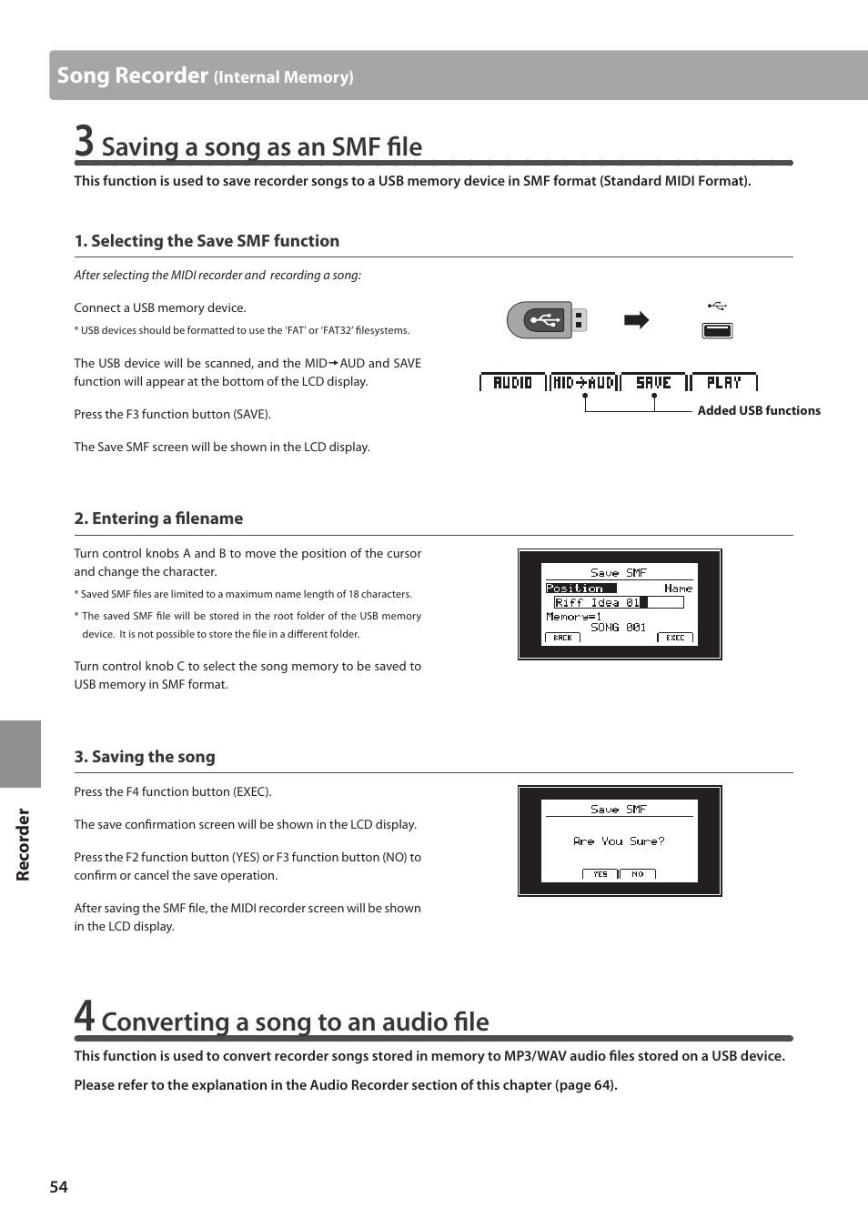 Saving a song as an smf file, Converting a song to an audio file, Song recorder | Kawai MP10 User Manual | Page 54 / 92