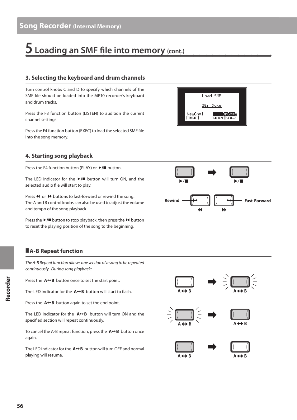 Song recorder, Re corde r, Cont.) | Kawai MP10 User Manual | Page 56 / 92