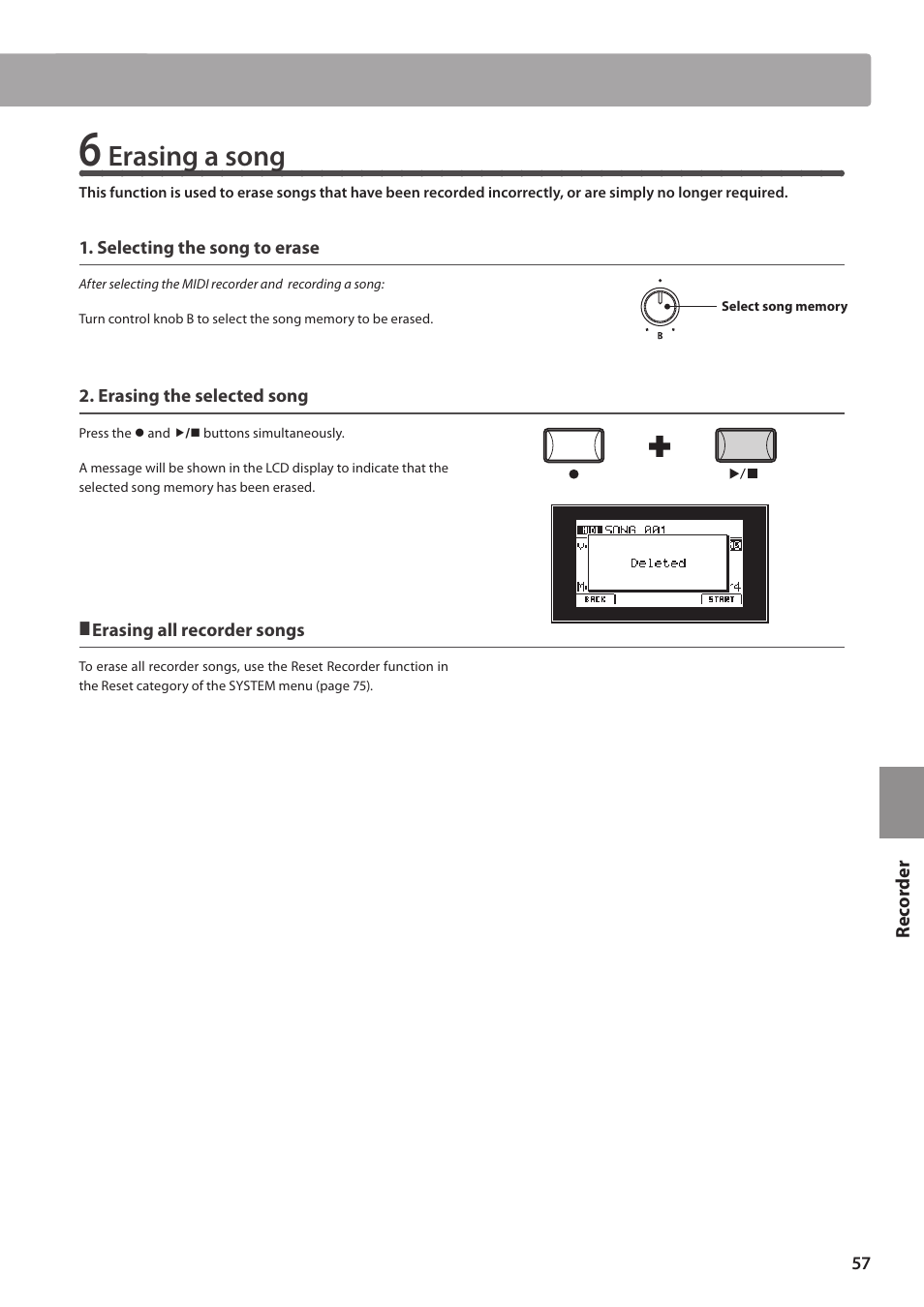 Erasing a song | Kawai MP10 User Manual | Page 57 / 92