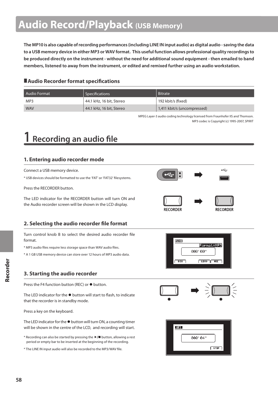 Audio record/playback, Recording an audio file | Kawai MP10 User Manual | Page 58 / 92