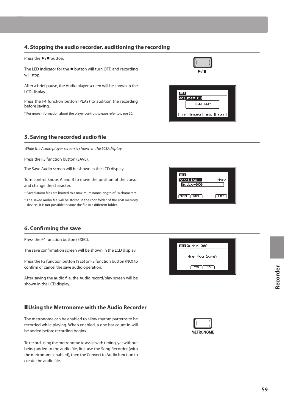 Re corde r, Saving the recorded audio file, Confirming the save | Using the metronome with the audio recorder | Kawai MP10 User Manual | Page 59 / 92