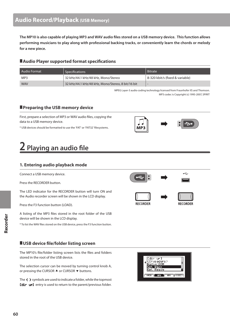 Playing an audio file, Audio record/playback, Re corde r | Kawai MP10 User Manual | Page 60 / 92