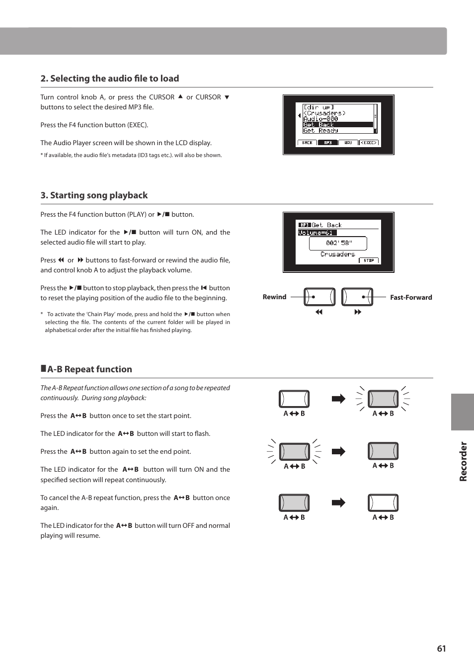 Re corde r, Selecting the audio file to load, Starting song playback | A-b repeat function | Kawai MP10 User Manual | Page 61 / 92