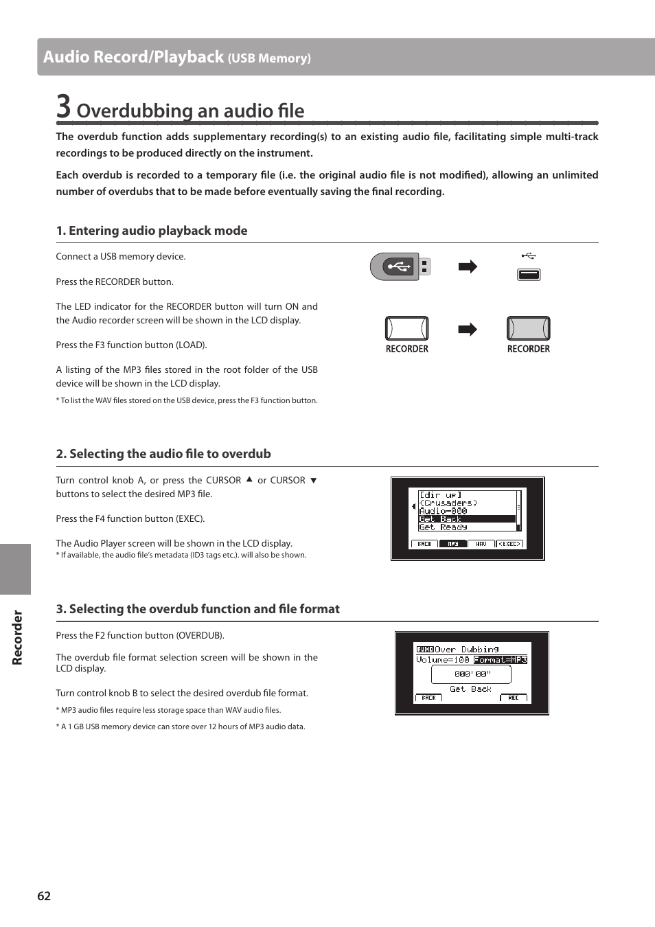 Overdubbing an audio file, Audio record/playback | Kawai MP10 User Manual | Page 62 / 92