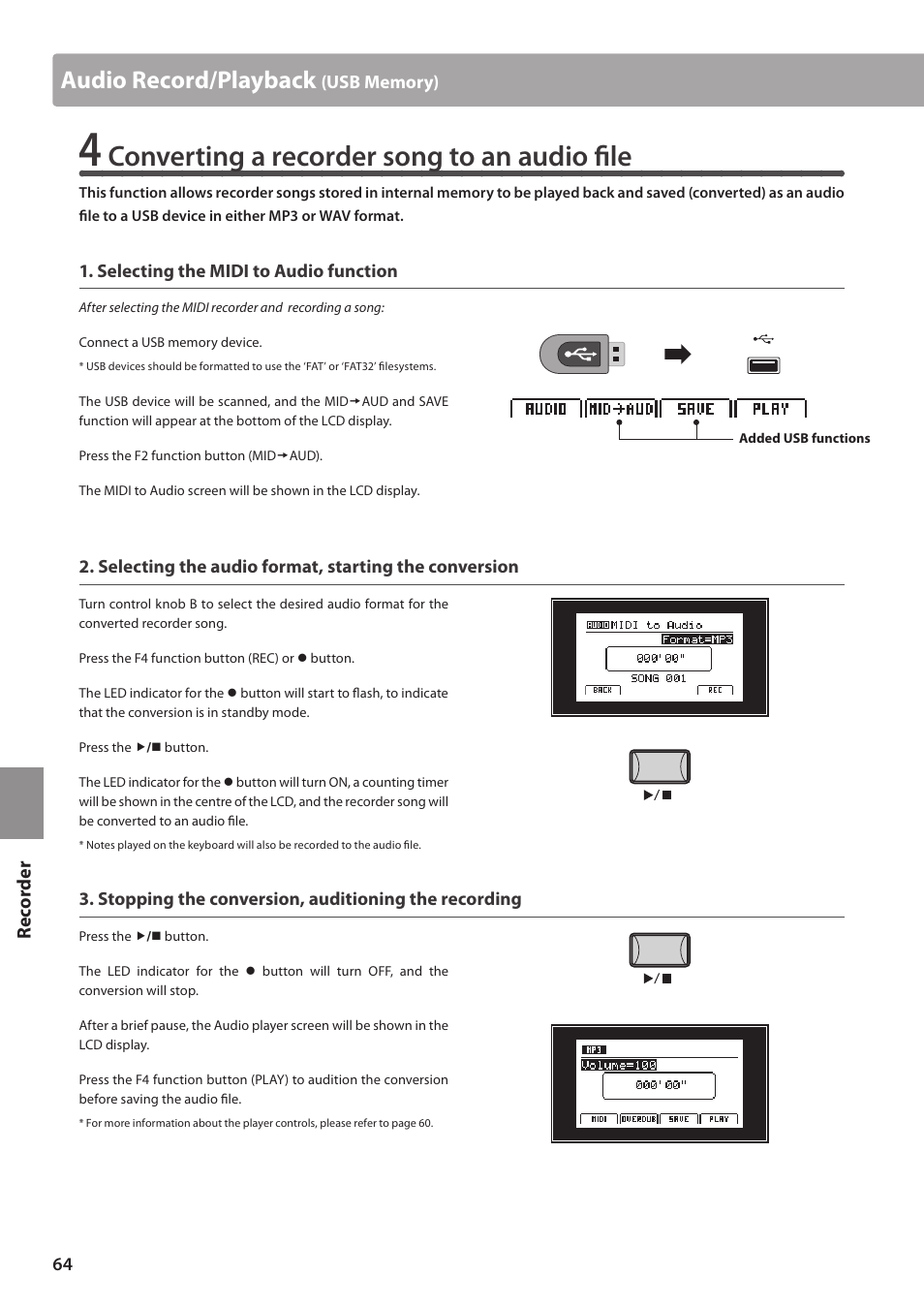 Converting a recorder song to an audio file, Audio record/playback, Re corde r | Kawai MP10 User Manual | Page 64 / 92