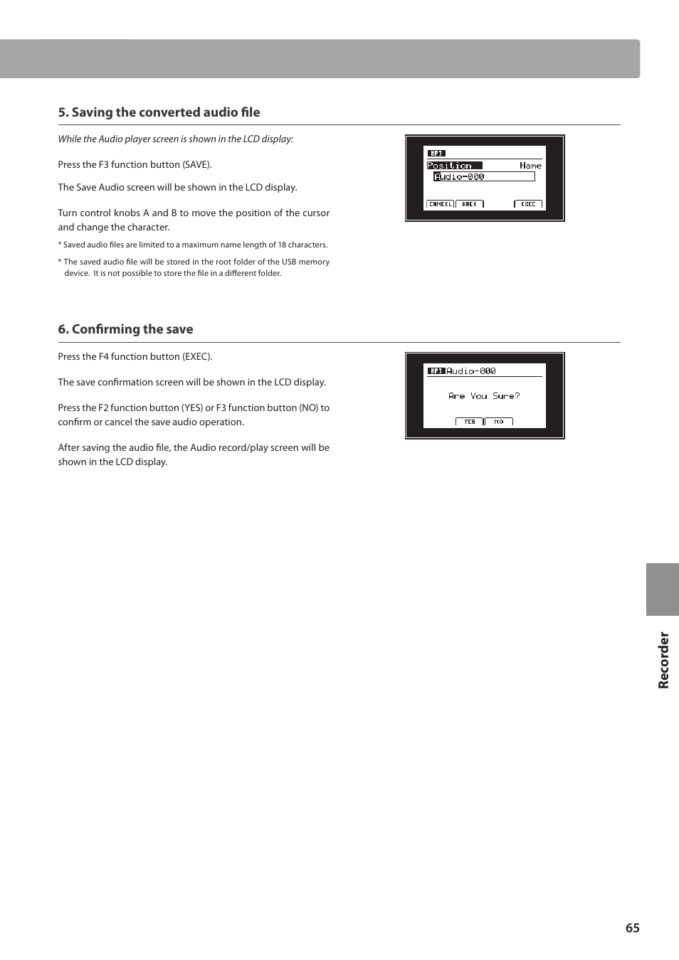 Re corde r, Saving the converted audio file, Confirming the save | Kawai MP10 User Manual | Page 65 / 92