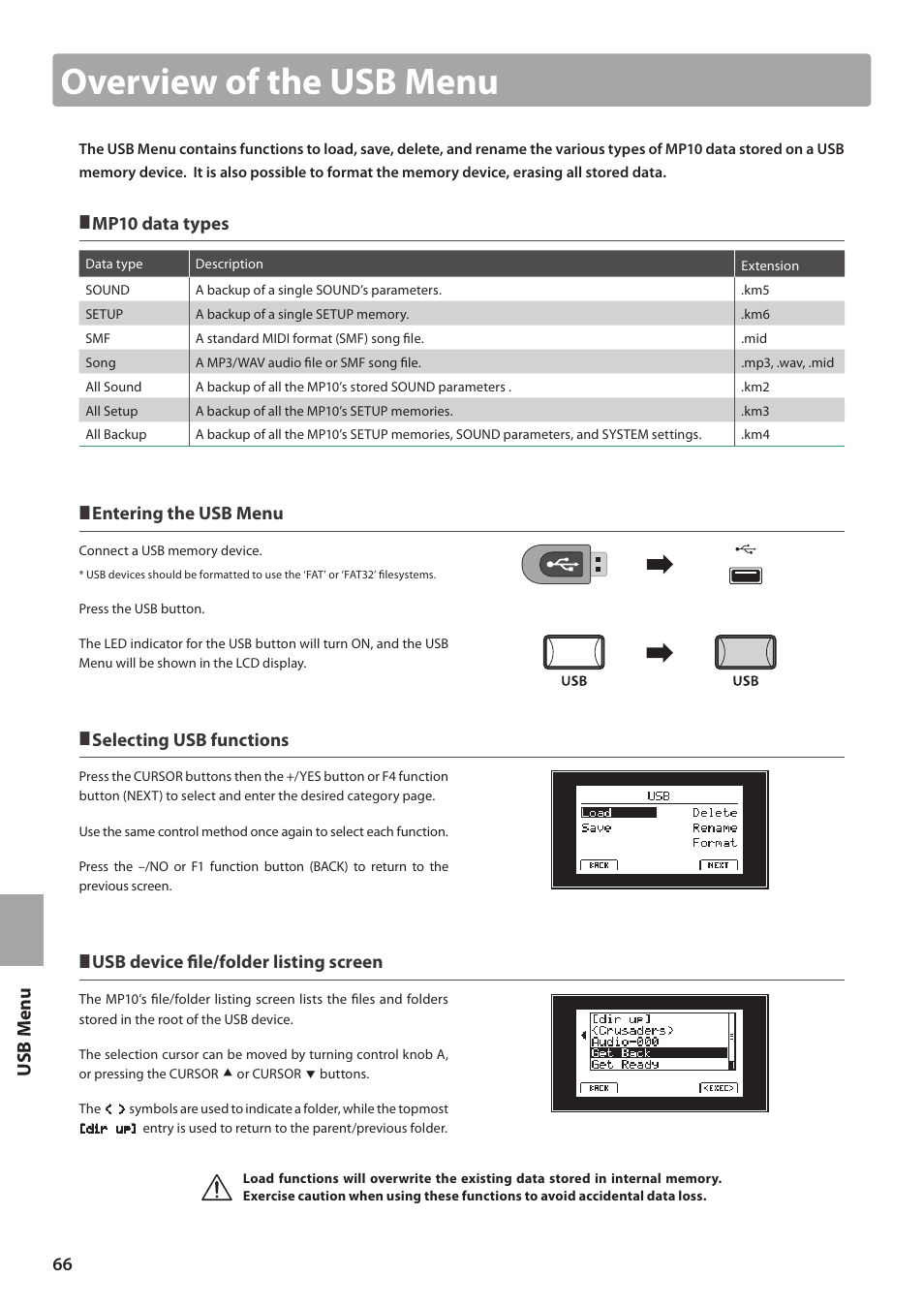 Overview of the usb menu, Mp10 data types, Entering the usb menu | Selecting usb functions, Usb device file/folder listing screen | Kawai MP10 User Manual | Page 66 / 92