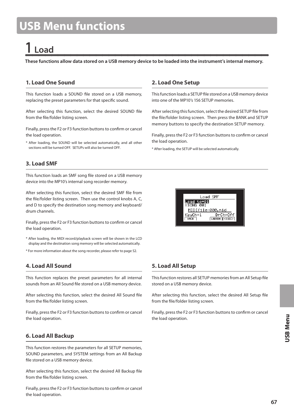 Usb menu functions, Load | Kawai MP10 User Manual | Page 67 / 92