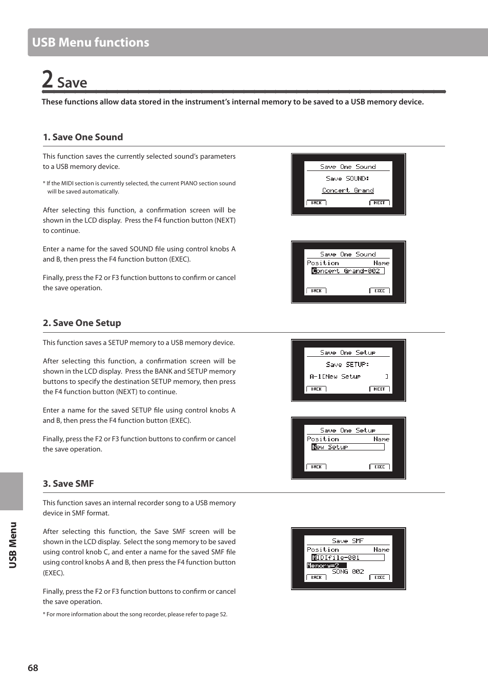 Save, Usb menu functions | Kawai MP10 User Manual | Page 68 / 92