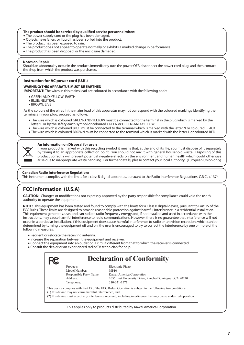 Declaration of conformity | Kawai MP10 User Manual | Page 7 / 92