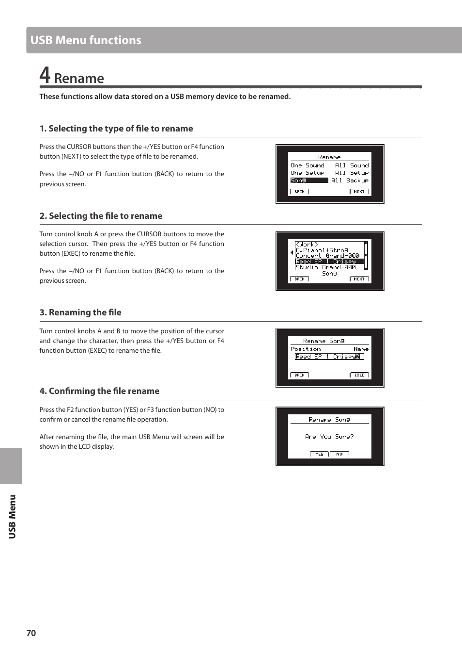 Rename, Usb menu functions | Kawai MP10 User Manual | Page 70 / 92