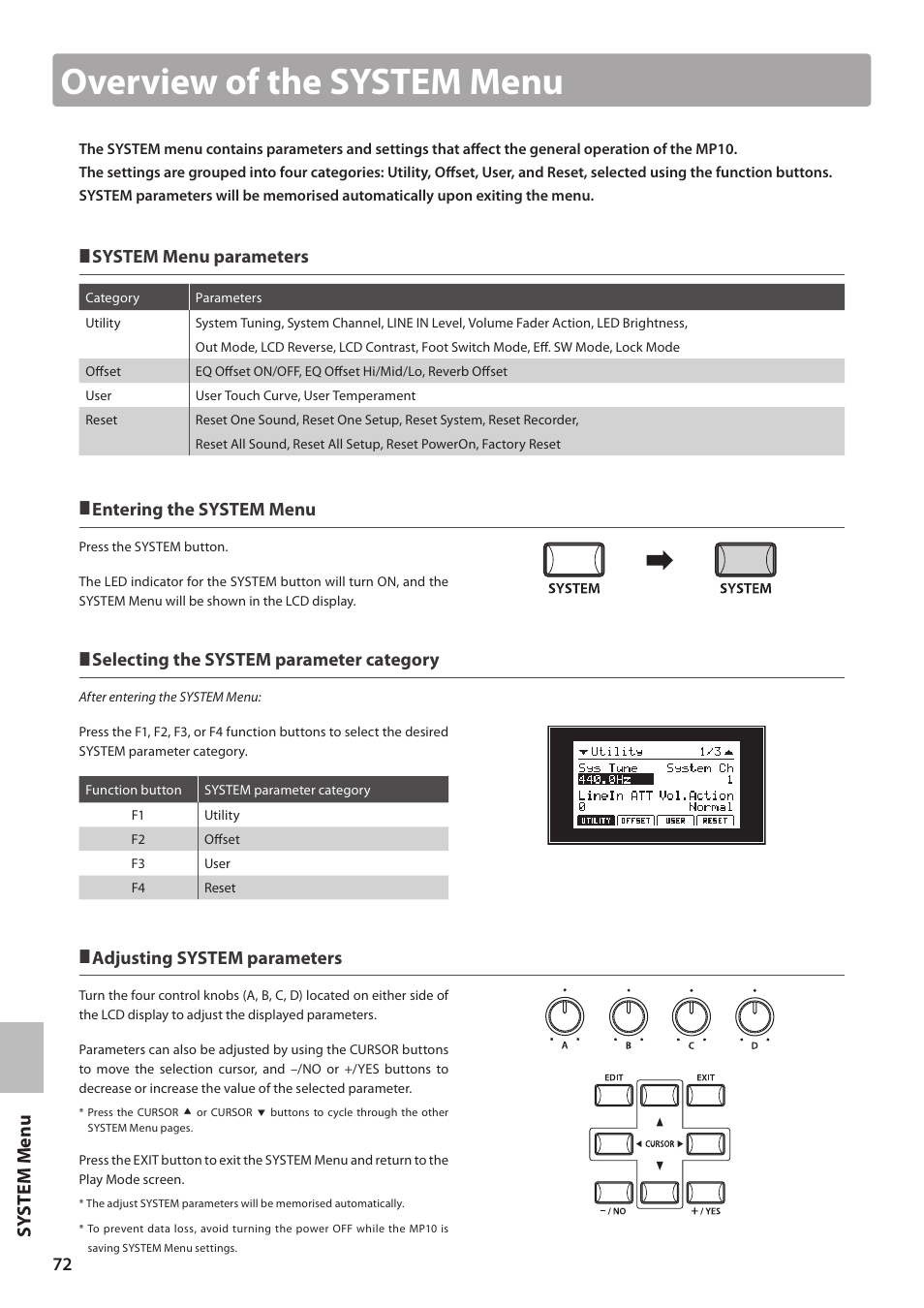 Overview of the system menu, Sy ste m me nu, System menu parameters | Entering the system menu, Selecting the system parameter category, Adjusting system parameters | Kawai MP10 User Manual | Page 72 / 92