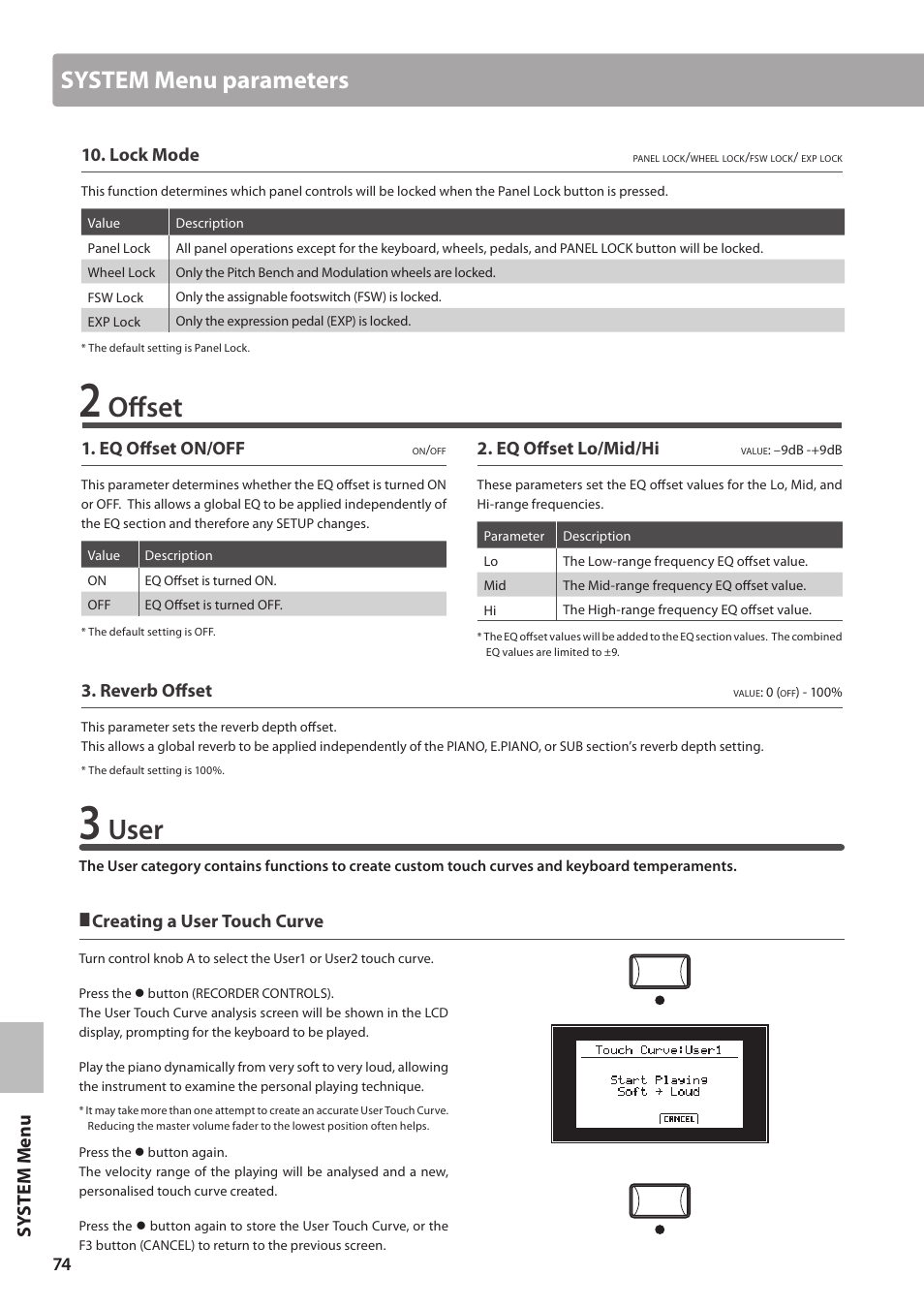 Offset, User, System menu parameters | Sy ste m me nu, Lock mode, Eq offset on/off, Eq offset lo/mid/hi, Reverb offset, Creating a user touch curve | Kawai MP10 User Manual | Page 74 / 92