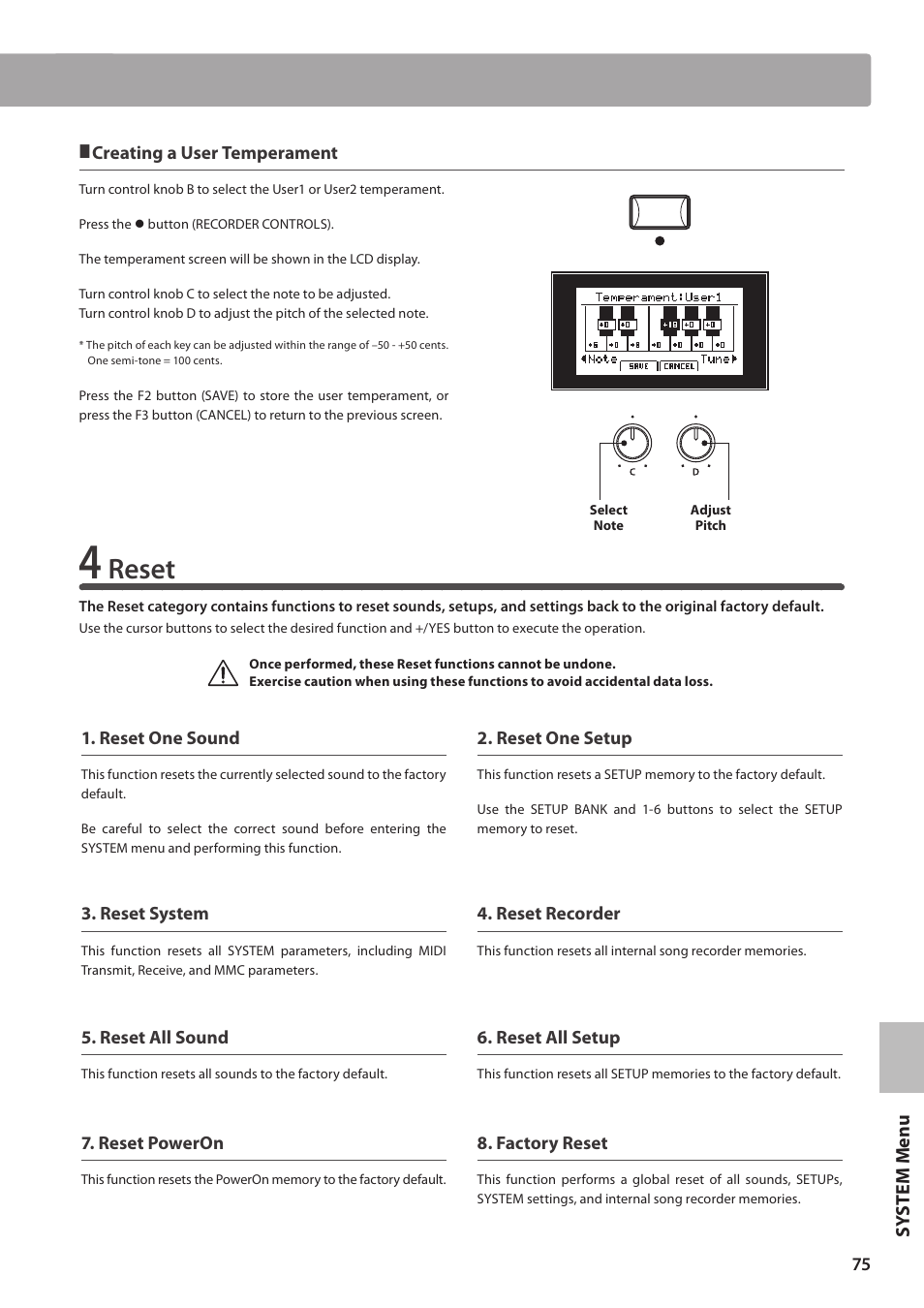 Reset | Kawai MP10 User Manual | Page 75 / 92