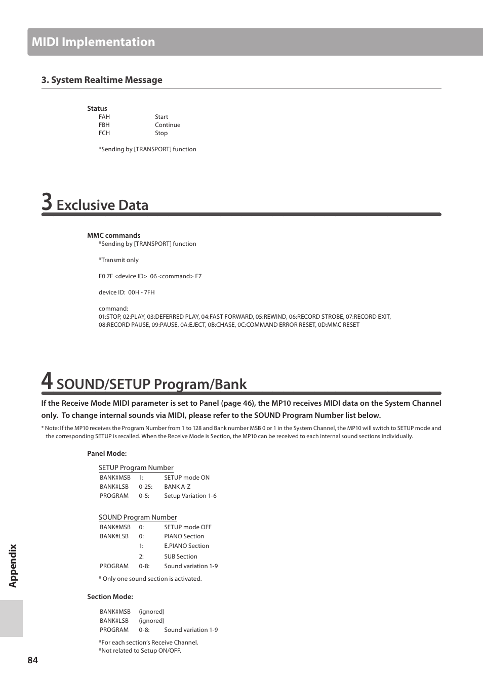 Exclusive data, Sound/setup program/bank, Midi implementation | System realtime message | Kawai MP10 User Manual | Page 84 / 92