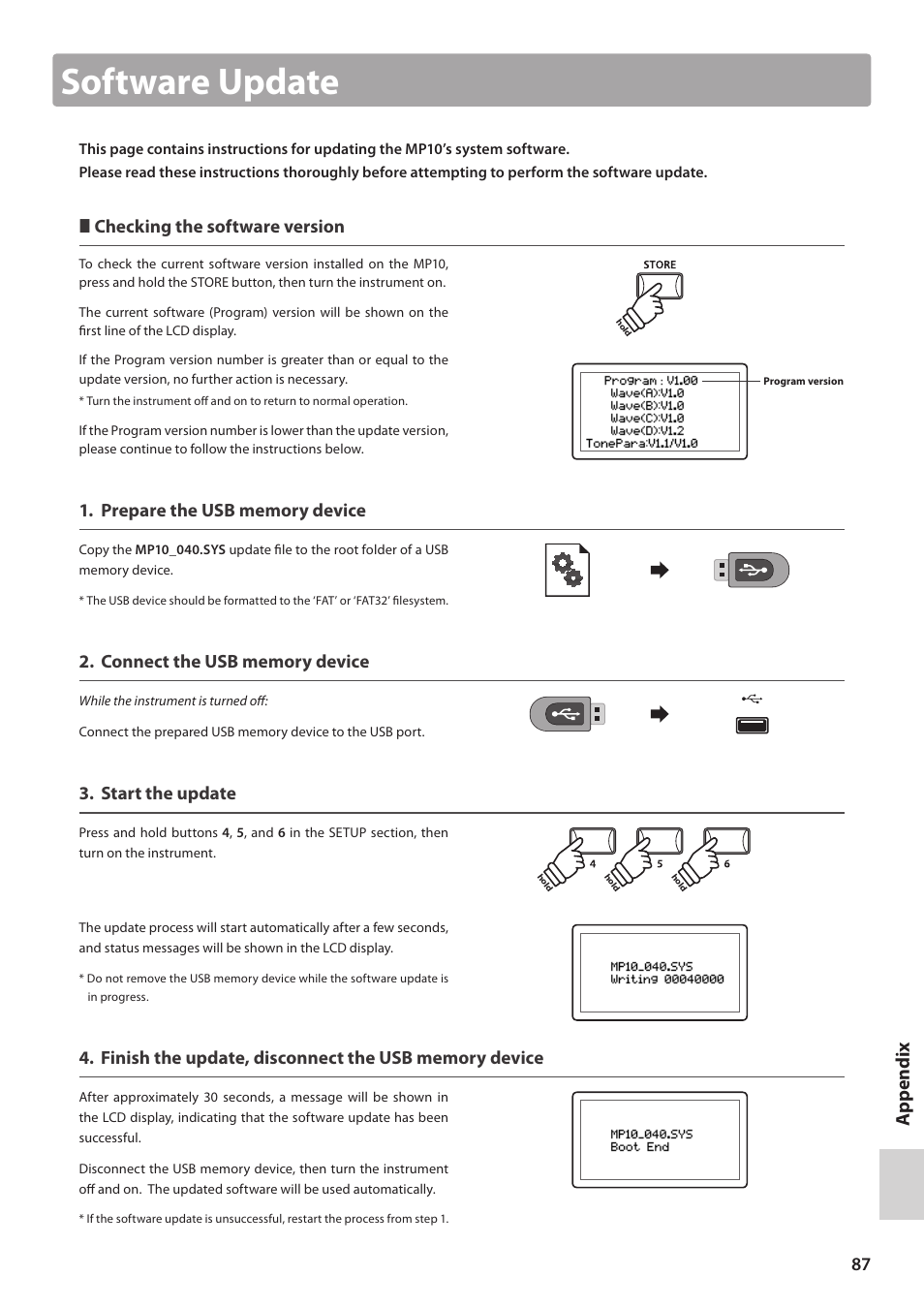 Software update, Checking the software version, Start the update | Kawai MP10 User Manual | Page 87 / 92