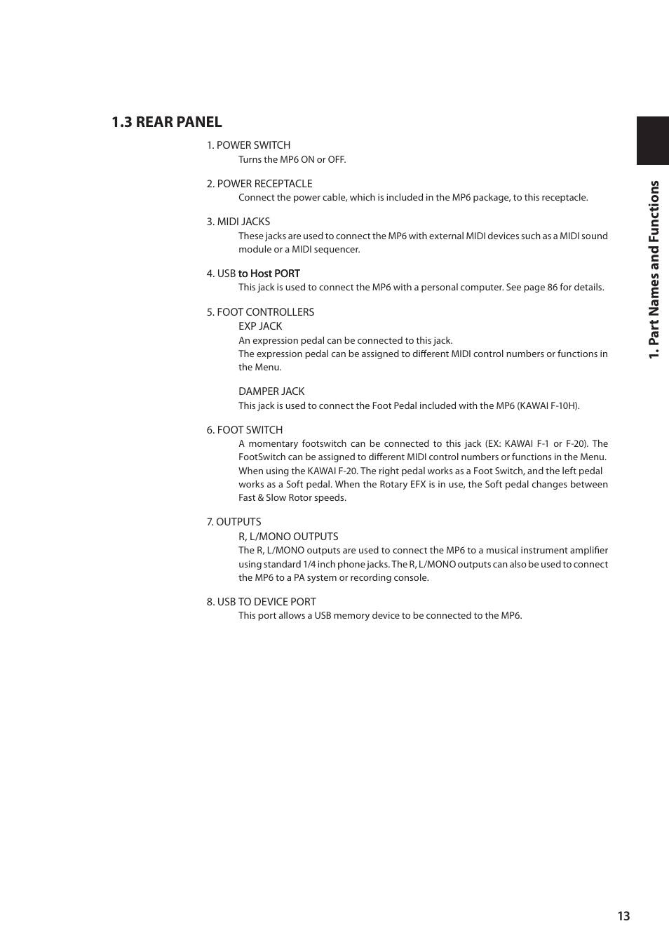 3 rear panel, P a rt names and f u nc tions | Kawai MP6 User Manual | Page 13 / 100